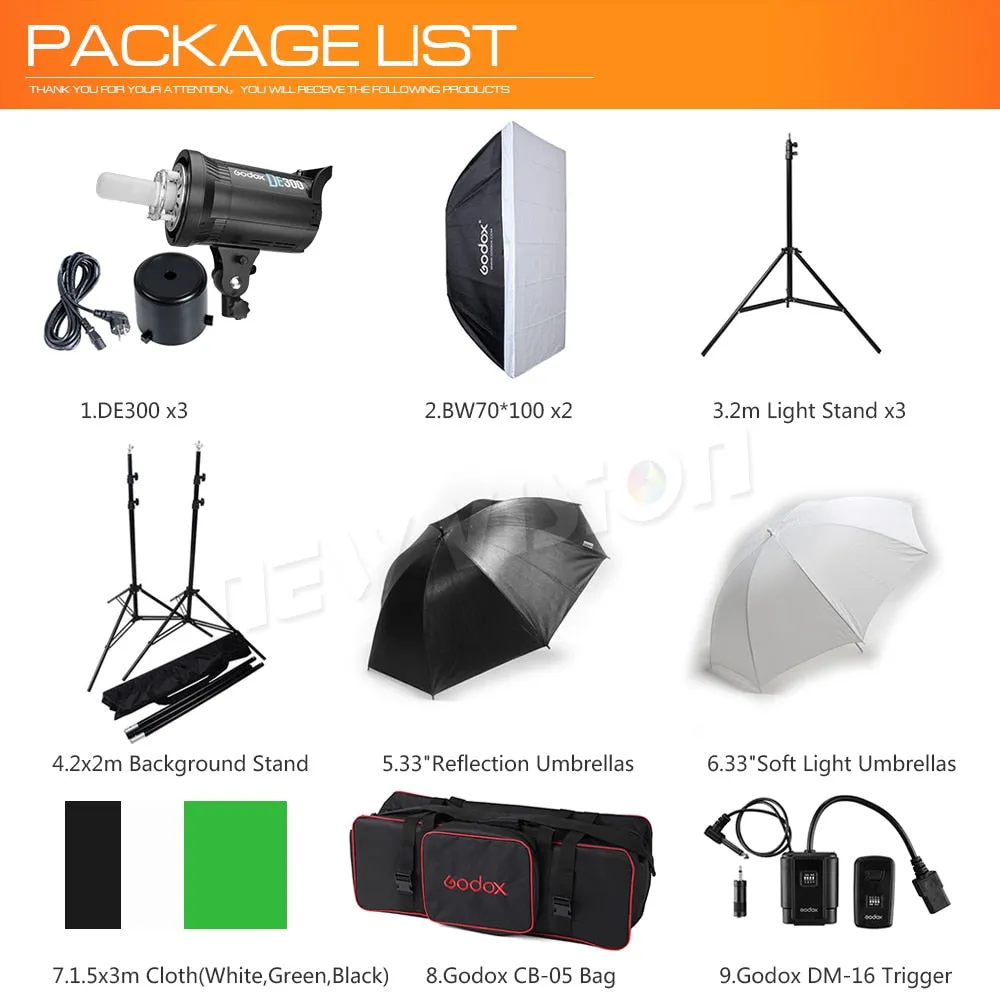 Free DHL Godox 900W Studio Flash Lighting Kit 3 X 300W Photography Strobe light & Softbox & Light Stand Portrait Kit