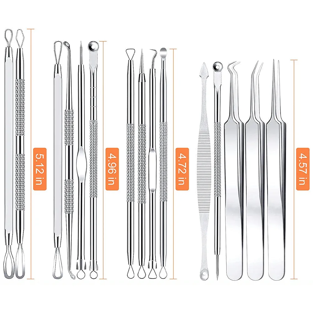 Stainless Steel Blackhead Remover Pimple Popper Tools Kit with Metal Case - 15Pcs