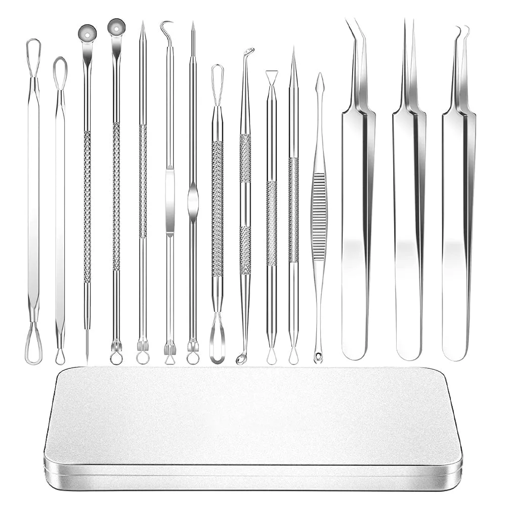 Stainless Steel Blackhead Remover Pimple Popper Tools Kit with Metal Case - 15Pcs